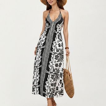 Women's Halter Neck Maxi Dress with Open Back Tie Design Flowy Printed Long Dress