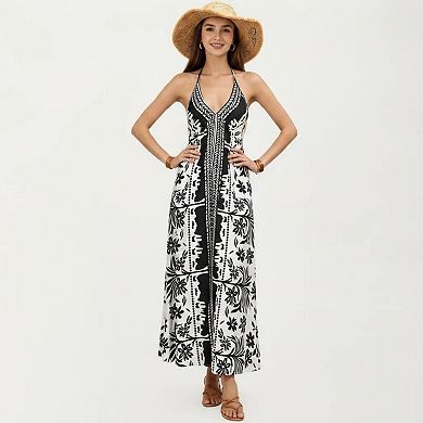 Women's Halter Neck Maxi Dress with Open Back Tie Design Flowy Printed Long Dress
