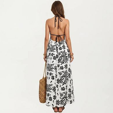 Women's Halter Neck Maxi Dress with Open Back Tie Design Flowy Printed Long Dress