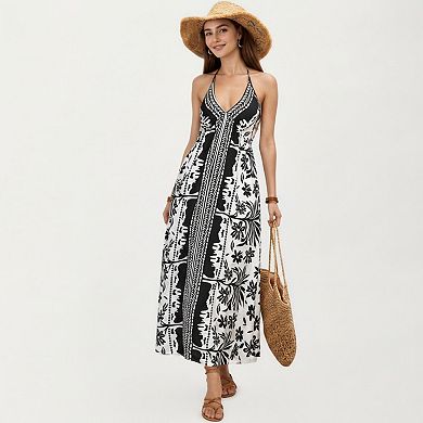 Women's Halter Neck Maxi Dress with Open Back Tie Design Flowy Printed Long Dress