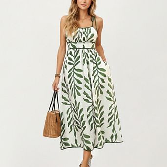 Women's Sleeveless Midi Dress with Leaf Print Tie Shoulder Straps Smocked Back A-Line Silhouette