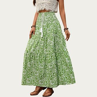 Women's High Waist Tiered Maxi Skirt with Paisley Print Drawstring Waist Tassel Tie Flowy A-Line Fit
