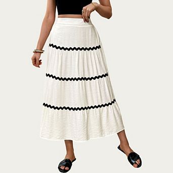 Women's High Waist Tiered Midi Skirt with Wavy Trim Detail A-Line Silhouette Lightweight Fabric