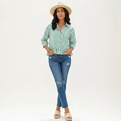 Women's Striped Button Down Blouse with Collar Three Quarter Sleeve Peplum Hem Pocket Detail Shirt