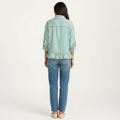 Women's Striped Button Down Blouse with Collar Three Quarter Sleeve Peplum Hem Pocket Detail Shirt