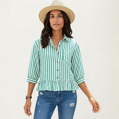 Women's Striped Button Down Blouse with Collar Three Quarter Sleeve Peplum Hem Pocket Detail Shirt