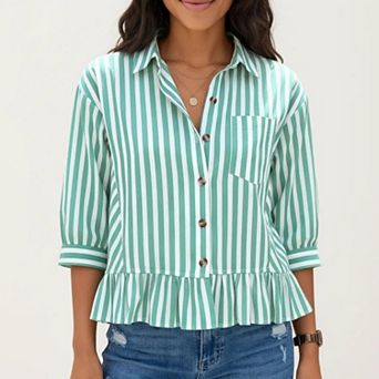 Women's Striped Button Down Blouse with Collar Three Quarter Sleeve Peplum Hem Pocket Detail Shirt