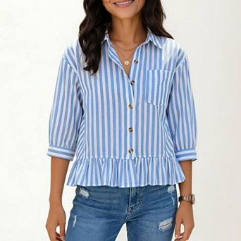 Women's Striped Button Down Blouse with Collar Three Quarter Sleeve Peplum Hem Pocket Detail Shirt