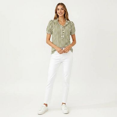 Women's Short Sleeve Striped Blouse with Ruffle Trim V Neck Puff Sleeve Lightweight Pullover Shirt