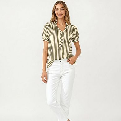 Women's Short Sleeve Striped Blouse with Ruffle Trim V Neck Puff Sleeve Lightweight Pullover Shirt