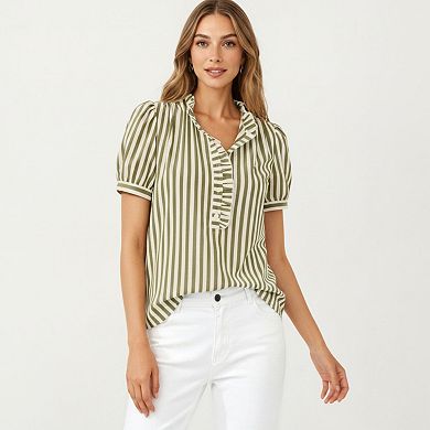 Women's Short Sleeve Striped Blouse with Ruffle Trim V Neck Puff Sleeve Lightweight Pullover Shirt