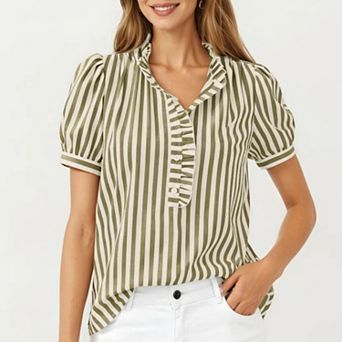 Women's Short Sleeve Striped Blouse with Ruffle Trim V Neck Puff Sleeve Lightweight Pullover Shirt