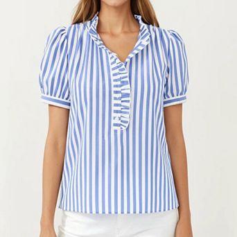 Women's Short Sleeve Striped Blouse with Ruffle Trim V Neck Puff Sleeve Lightweight Pullover Shirt