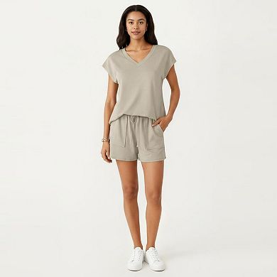 Women's 2-Piece Set Short Sleeve V Neck Top and Drawstring Shorts with Pockets Relaxed Fit Set