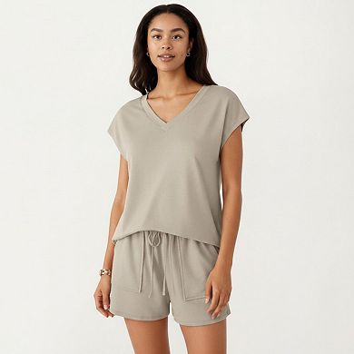 Women's 2-Piece Set Short Sleeve V Neck Top and Drawstring Shorts with Pockets Relaxed Fit Set