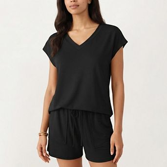 Women's 2 pc Set Short Sleeve V Neck Top and Drawstring Shorts with Pockets Relaxed Fit Set