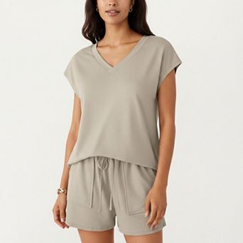Women's 2 pc Set Short Sleeve V Neck Top and Drawstring Shorts with Pockets Relaxed Fit Set