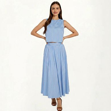 Women's Sleeveless Striped Two Piece Set Crop Top and Midi Skirt with Back Button Detail Flowy Set