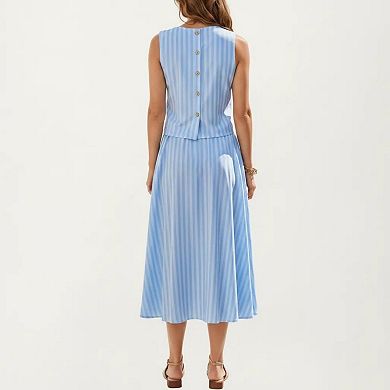 Women's Sleeveless Striped Two Piece Set Crop Top and Midi Skirt with Back Button Detail Flowy Set
