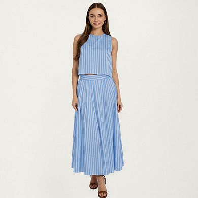 Women's Sleeveless Striped Two Piece Set Crop Top and Midi Skirt with Back Button Detail Flowy Set