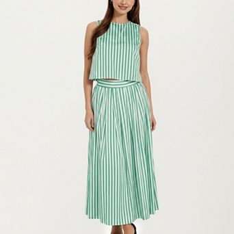 Women's Sleeveless Striped Two Piece Set Crop Top and Midi Skirt with Back Button Detail Flowy Set