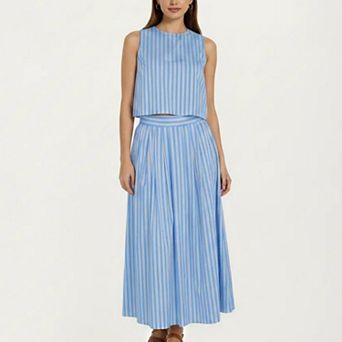 Women's Sleeveless Striped Two Piece Set Crop Top and Midi Skirt with Back Button Detail Flowy Set