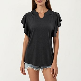 Women's Short Sleeve Top with Flutter Ruffle Sleeves and Split V Neck Relaxed Fit Casual Shirt