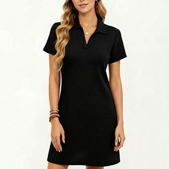 Women's Short Sleeve Collared Mini Dress with Split V Neck Textured Knit Relaxed Fit Casual Dress