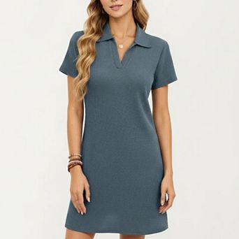Women's Short Sleeve Collared Mini Dress with Split V Neck Textured Knit Relaxed Fit Casual Dress