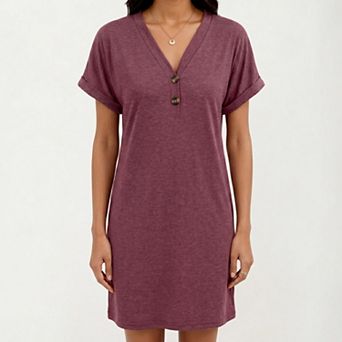 Women's Short Sleeve V Neck Shift Dress with Button Detail Relaxed Fit Casual Tunic Dress