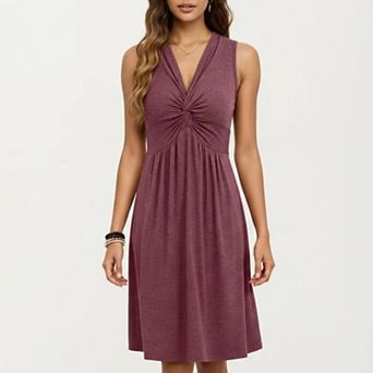 Women's Sleeveless V Neck Midi Dress with Front Twist Detail and Flowy A Line Silhouette