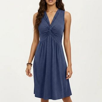 Women's Sleeveless V Neck Midi Dress with Front Twist Detail and Flowy A Line Silhouette