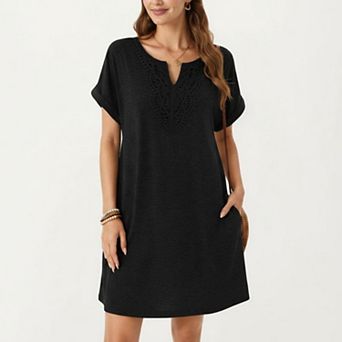 Women's Short Sleeve Shift Dress with Split V Neck Embroidered Detail Relaxed Fit Casual Tunic Dress