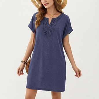 Women's Short Sleeve Shift Dress with Split V Neck Embroidered Detail Relaxed Fit Casual Tunic Dress