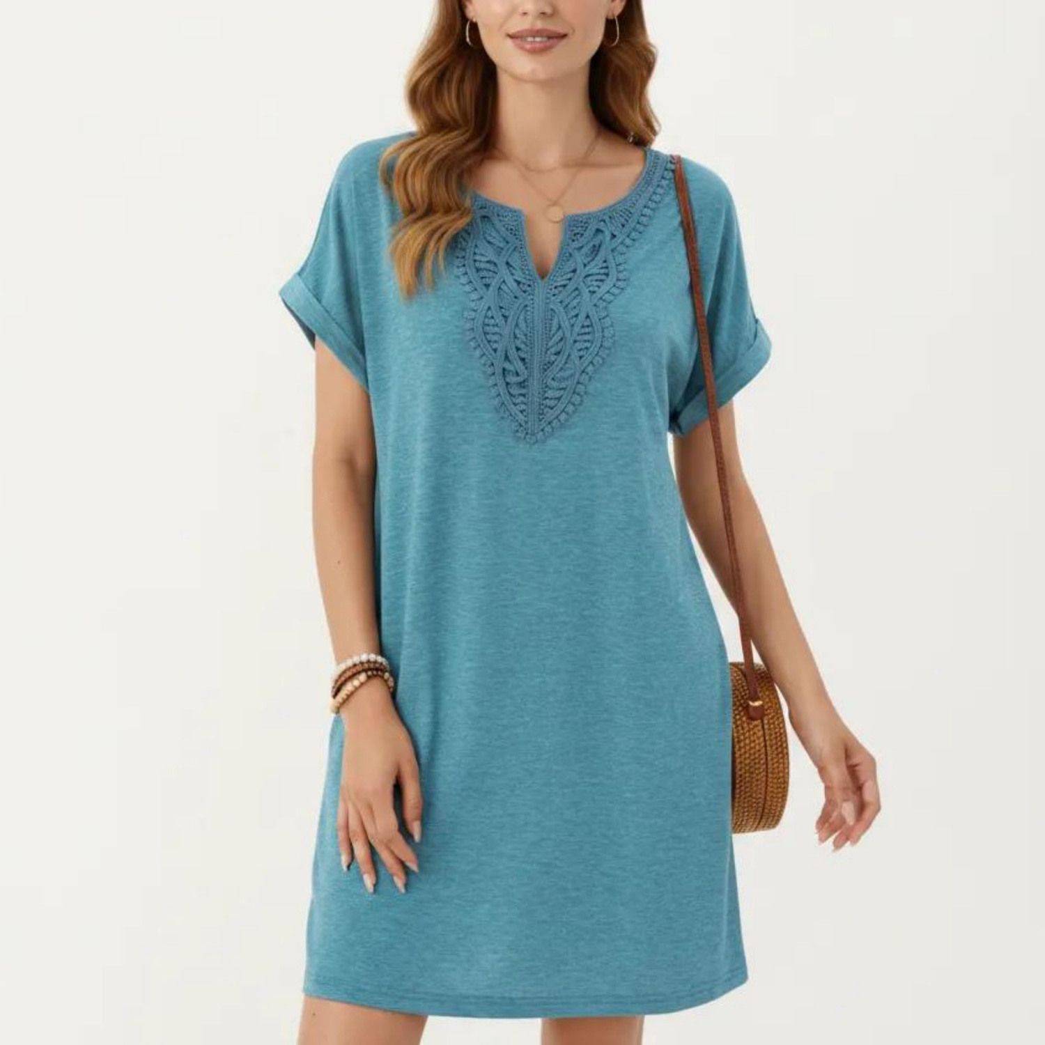 Женские платья Short Sleeve Shift Dress with Split V Neck Embroidered Detail Relaxed Fit Casual Tunic Dress