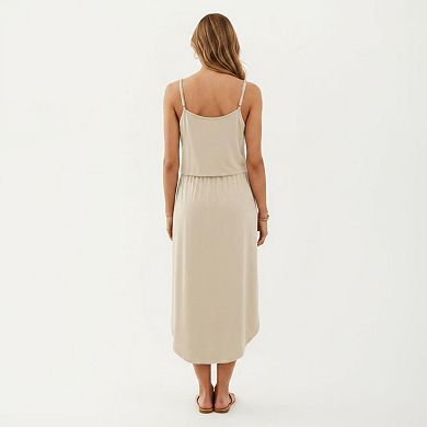 Women's Sleeveless Midi Dress with Spaghetti Straps and Adjustable Drawstring Waist Silhouette