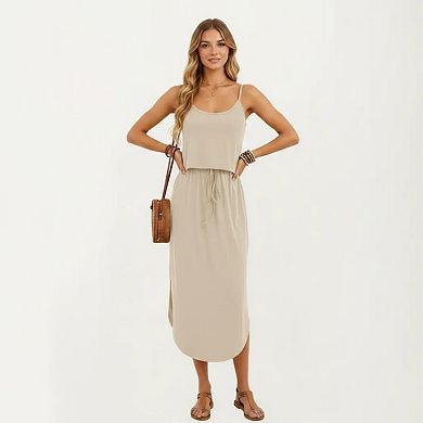 Women's Sleeveless Midi Dress with Spaghetti Straps and Adjustable Drawstring Waist Silhouette