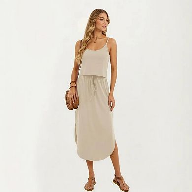 Women's Sleeveless Midi Dress with Spaghetti Straps and Adjustable Drawstring Waist Silhouette