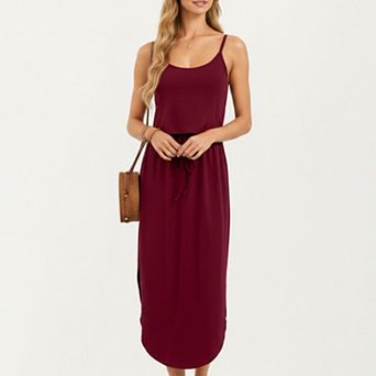 Women's Sleeveless Midi Dress with Spaghetti Straps and Adjustable Drawstring Waist Silhouette