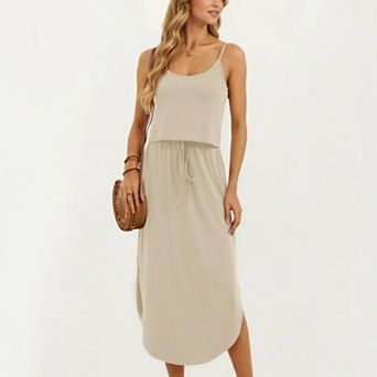 Women's Sleeveless Midi Dress with Spaghetti Straps and Adjustable Drawstring Waist Silhouette