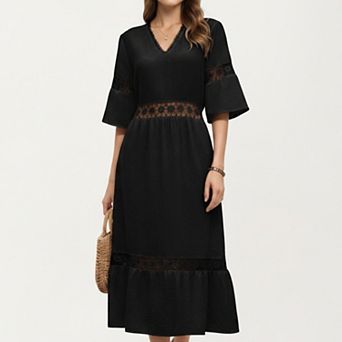 Women's V Neck Midi Dress with Lace Trim Paneling and Short Wide Sleeves Flowing Silhouette