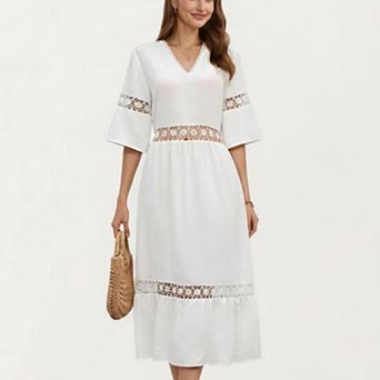 Women's V Neck Midi Dress with Lace Trim Paneling and Short Wide Sleeves Flowing Silhouette