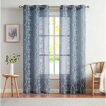 Dainty Home Sophia 2-pack Linen Textured Grommet Window Panels With Chenille 3D Scroll Embroidery