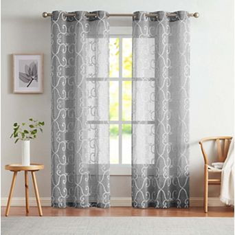Dainty Home Sophia 2-pack Linen Textured Grommet Window Panels With Chenille 3D Scroll Embroidery