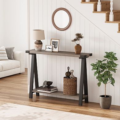 Farmhouse Narrow Console Table with Shelf, Rustic Sofa Table with Metal Frame for Entryway