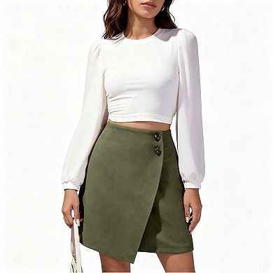 Women's Suede Wrap Mini Skirt, High Waist Button Detail Irregular Hem Skirt