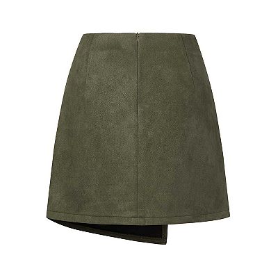 Women's Suede Wrap Mini Skirt, High Waist Button Detail Irregular Hem Skirt