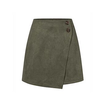 Women's Suede Wrap Mini Skirt, High Waist Button Detail Irregular Hem Skirt