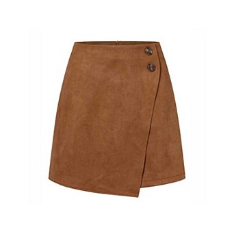 Women's Suede Wrap Mini Skirt, High Waist Button Detail Irregular Hem Skirt