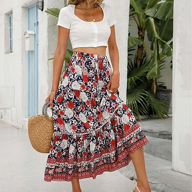 Women's Boho Floral Maxi Skirt, Elastic Waist Tiered Flowy Beach Skirt